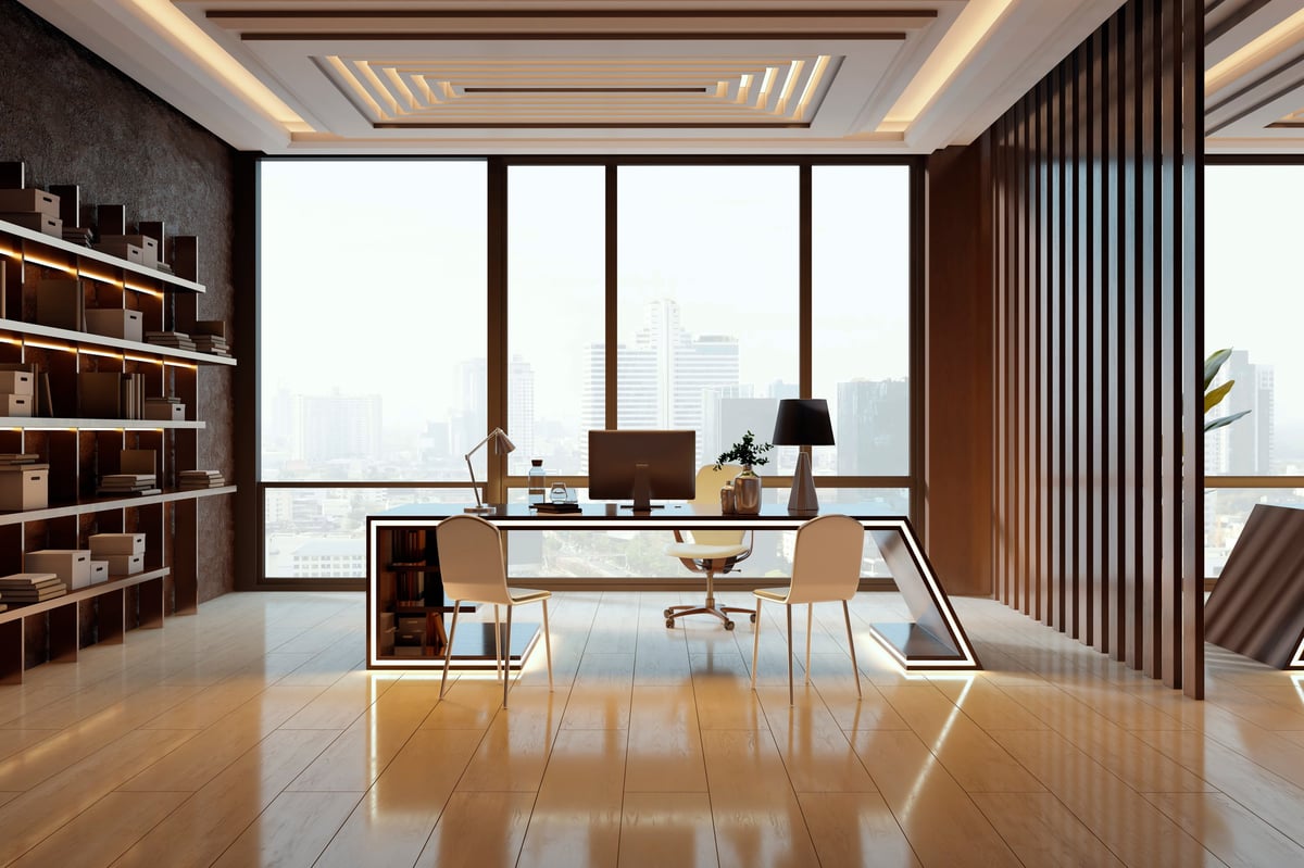 Sophisticated modern office interior with glass desk, bookshelves, cityscape view, wooden floor, and stylish ceiling lights
