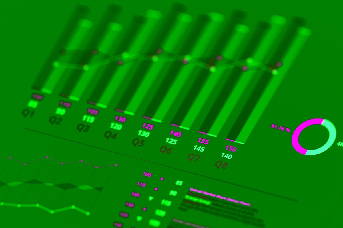CRM workspace dashboard with bar charts, pipeline trend lines, and deal progress in cyan and magenta tones