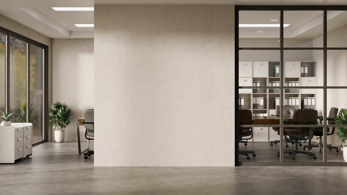 3D Office interior with blank wall and meeting room, Minimal corporate workspace