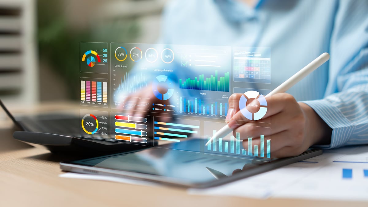 Digital financial dashboard displaying data analytics, business intelligence, performance metrics, market trends, and strategic insights for informed decision making and business growth.