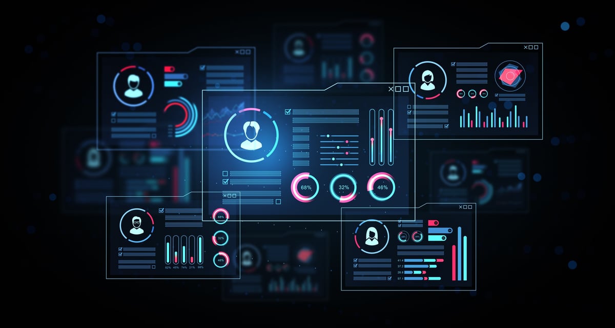 Futuristic CRM dashboard showing user icons, charts, and analytics data flow on a dark gradient background