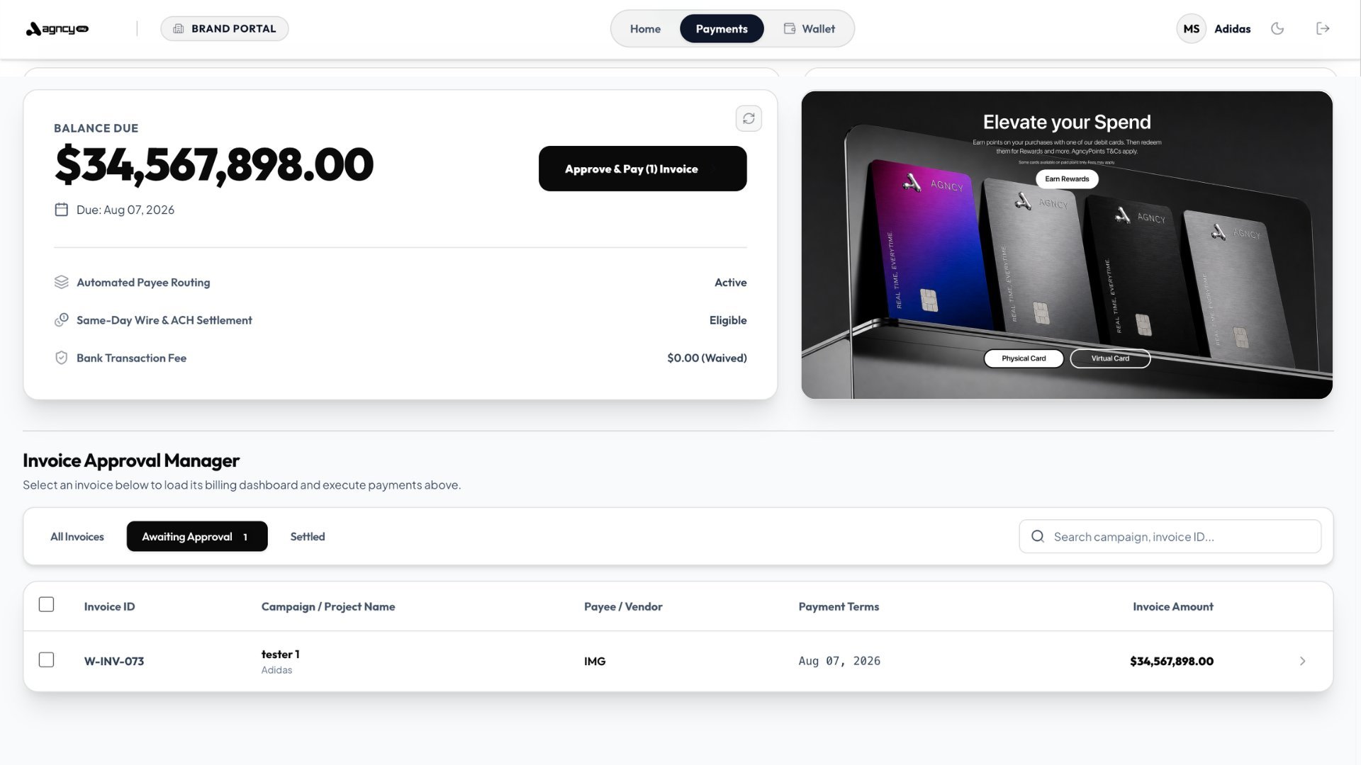 Dashboard showing approved invoices totaling $34.5 billion with invoice manager table and mobile phone promotional banner
