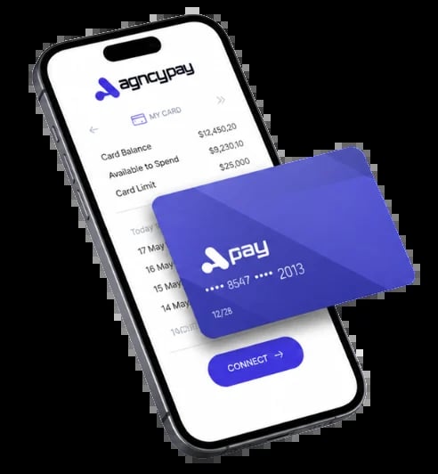 Smartphone displaying Agencypay app with card balance and details, with a blue digital payment card overlaid showing card number ending in 2013