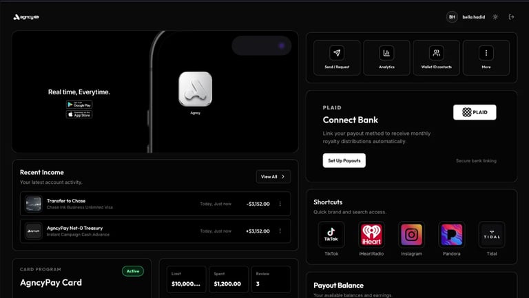 AgencyPay app interface showing Real-time Earnings, Recent Income transactions, Card Program details, and Startup social media integration options