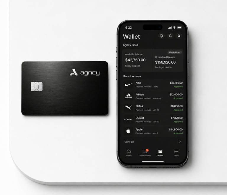 Agency black credit card next to smartphone displaying wallet app with brand transaction history