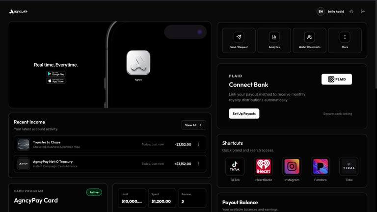 Digital banking app interface showing real-time expenses, recent income transactions, connected bank account, and shortcuts to social media platforms