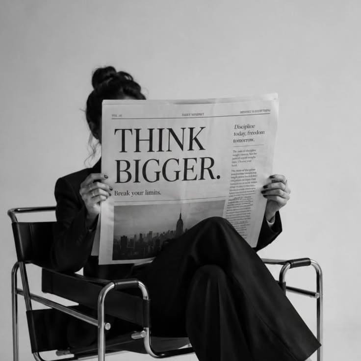 Person sitting in chair holding large newspaper with THINK BIGGER headline, black and white photograph