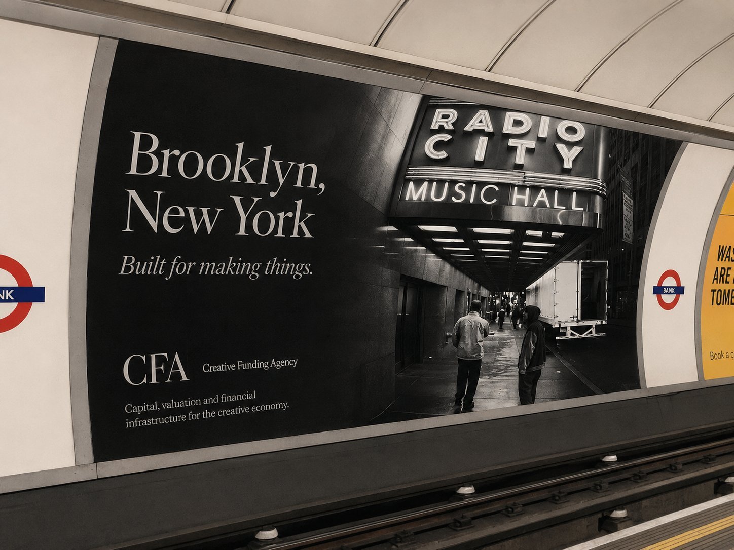 Advertisement for Brooklyn, New York with Radio City Music Hall image, highlighting creative and financial institutions, displayed in subway station