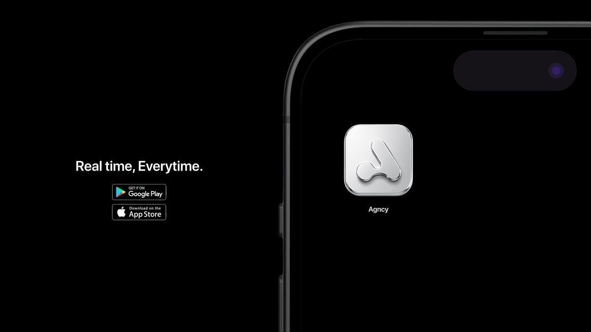 AgencyPay app icon displayed on a smartphone screen with real-time tagline and app store download buttons
