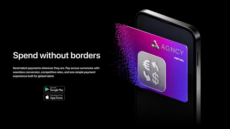 Mobile phone displaying Agency payment app interface with purple gradient background and download buttons for Google Play and App Store.