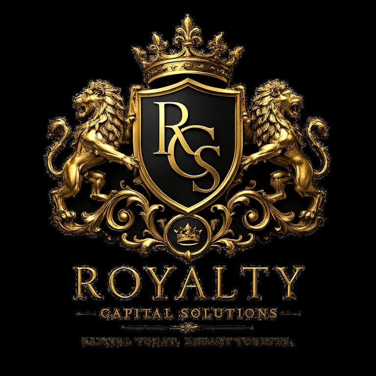Gold royal crest logo for Royalty Capital Solutions with lions, crown, and shield on black background