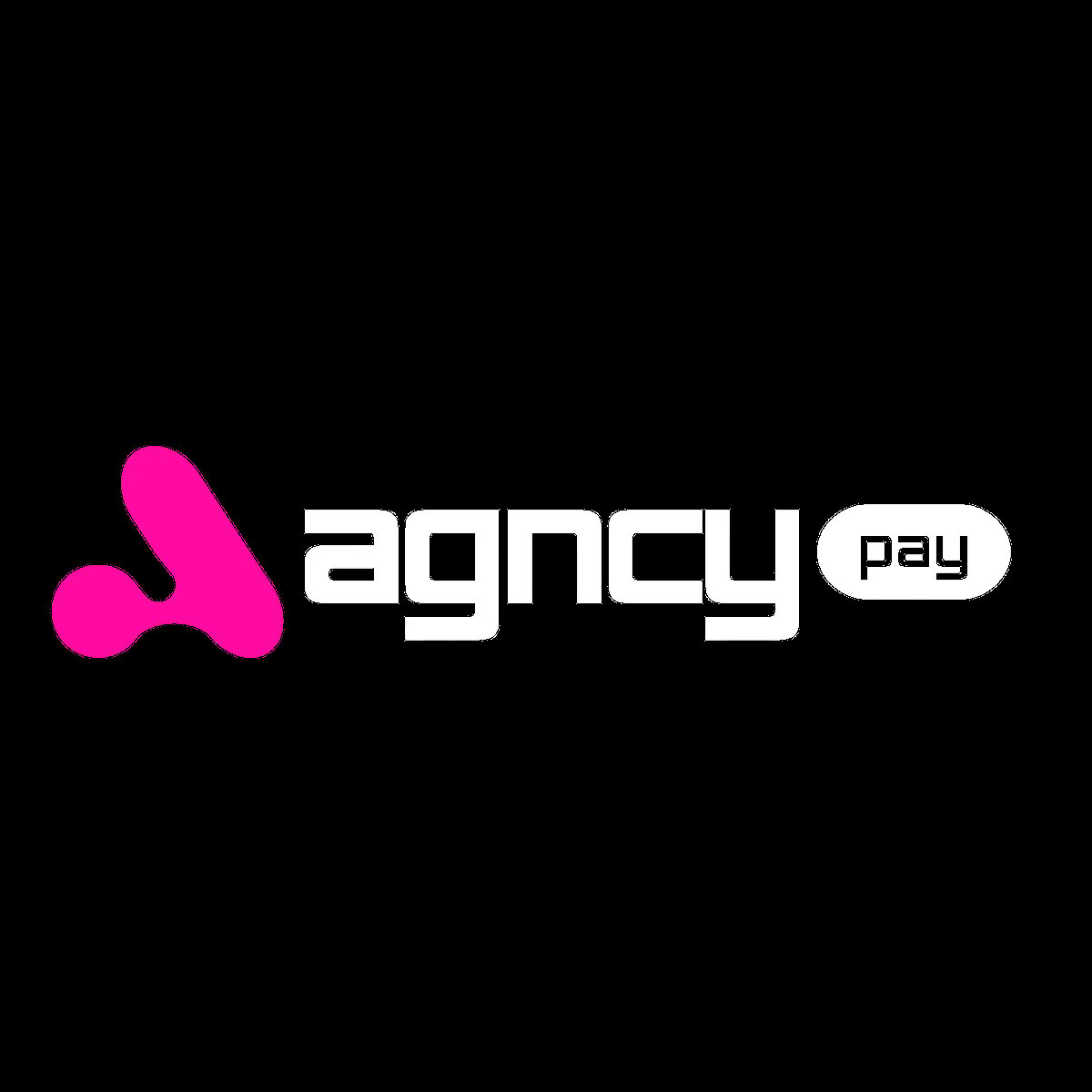 Agency Pay logo featuring a magenta arrow and geometric shapes with white text on black background