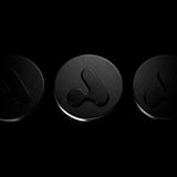 Three dark circular buttons with embossed symbols, center button featuring a link or chain icon design